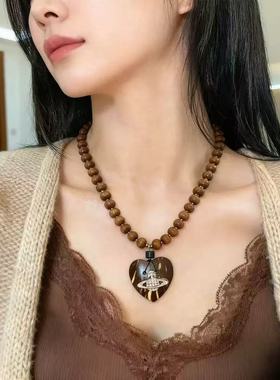 韩国ins毛衣链粉爱心蝴蝶结项链