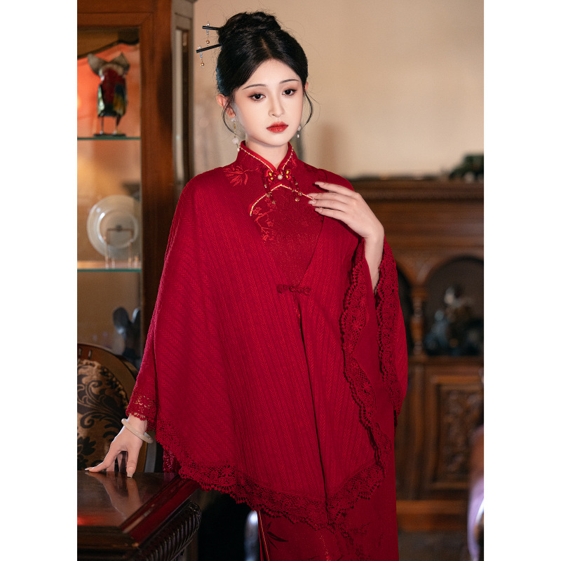 红色披肩搭配旗袍敬酒服新娘外搭针织开衫外套遮肉显瘦中国风喜庆