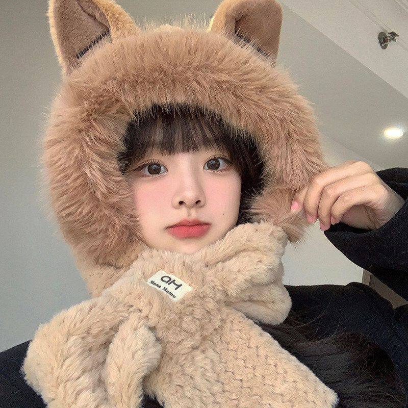 两件套一体防风毛绒女帽子帽新款