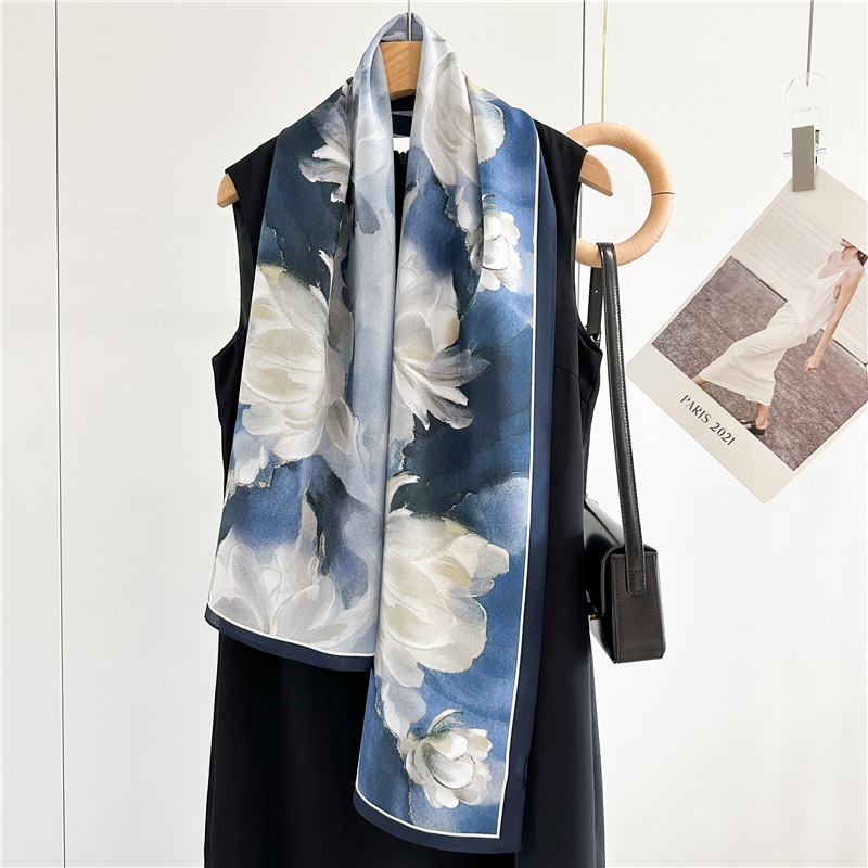 气质显白花卉双绉真丝！桑蚕丝丝巾女春夏季韩版百搭装饰小长巾