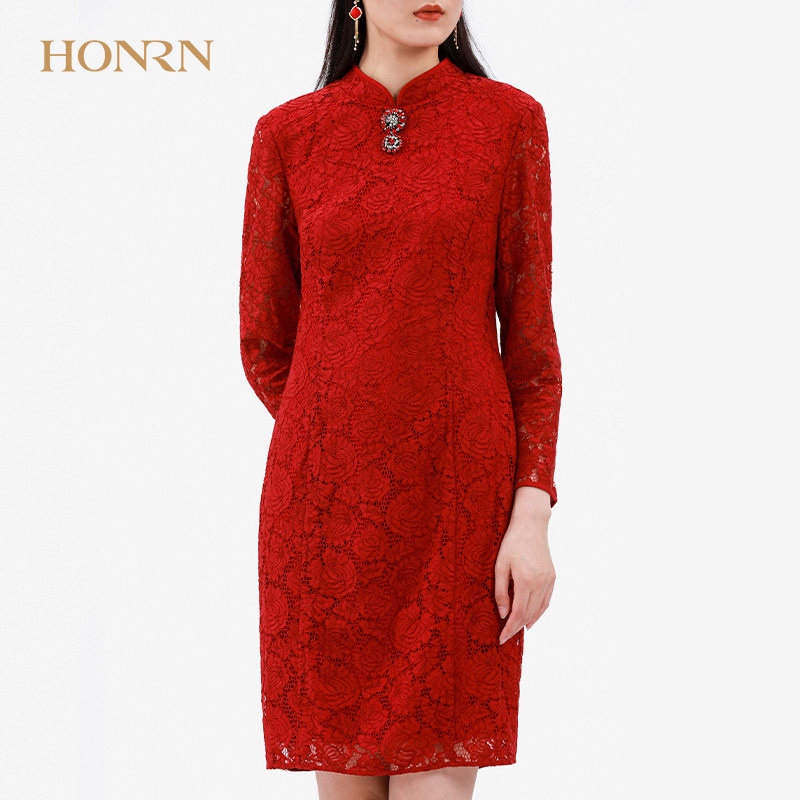 HONRN/红人秋冬季长袖红色修身蕾丝收腰包臀连衣裙新款中长款裙子