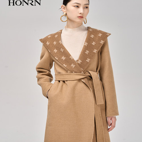 HONRN/红人连帽大翻领羊毛呢外套