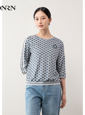 HONRN/红人蓝色修身印花圆领套头短款针织衫上衣女春秋HH11SY343