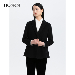 HONRN/红人黑色短款显瘦羊毛双面呢子大衣外套女春秋HH33OD390