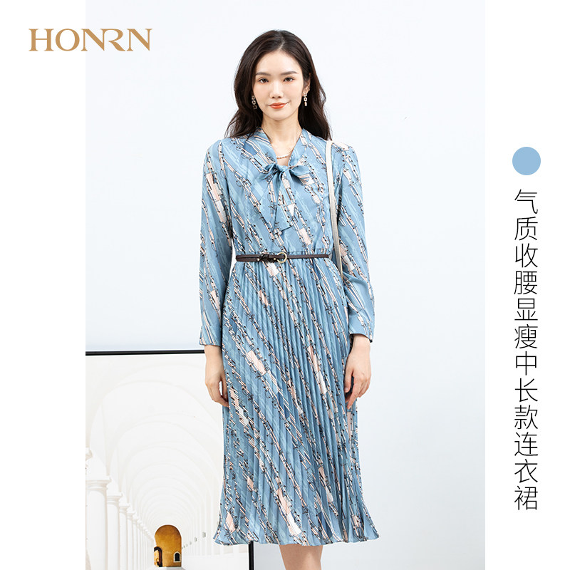 HONRN/红人飘带领结修身连衣裙