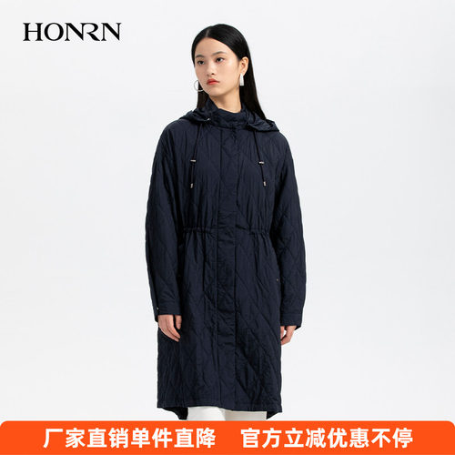 红人可拆连帽收腰薄款中长棉服