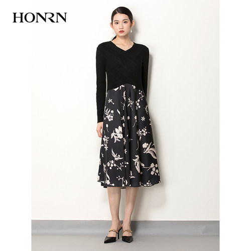 HONRN/红人毛衫拼接羊毛连衣裙