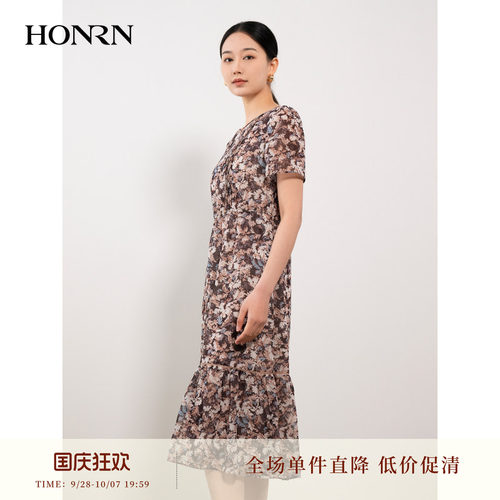 HONRN气质修身碎花连衣裙女夏短袖小众设计感中长裙HH22OL833