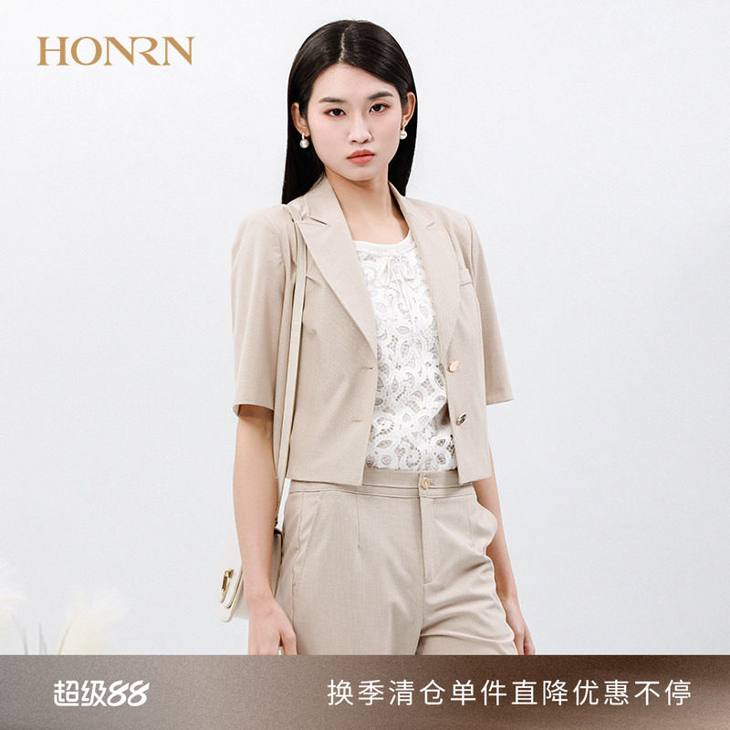 HONRN/红人修身休闲气质短款中袖小西装外套上衣女薄款夏季西服