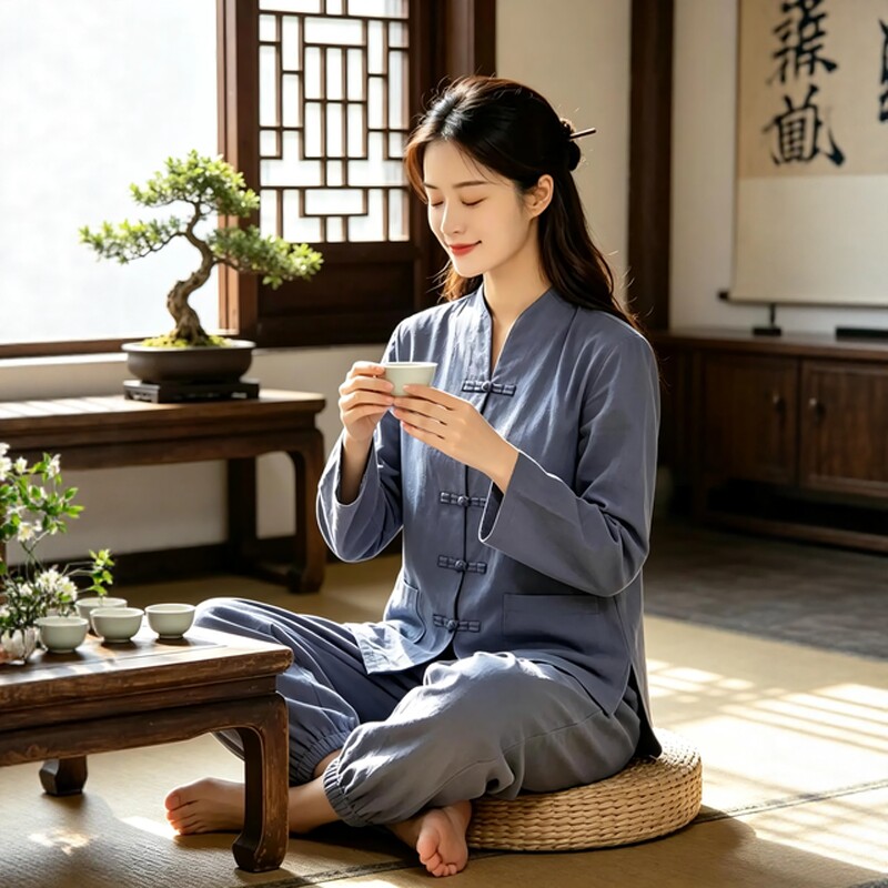 春秋新中式国风禅意居士服女盘扣唐装套装寺院修行禅服素衣团队服