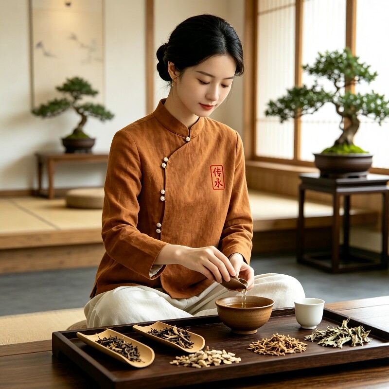 2026养生馆国风泡茶服装女茶艺师工作服年轻款苎麻棉套装旗袍上衣