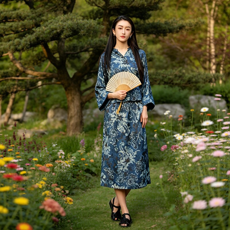 2026夏季新款100%蚕丝香云纱新中式女装中国风高端青花瓷套装裙子