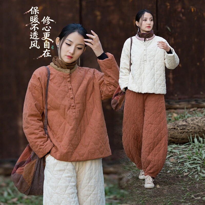 禅服禅意佛系高端女装棉麻夹棉套装冬改良套头棉衣禅修居士服女款