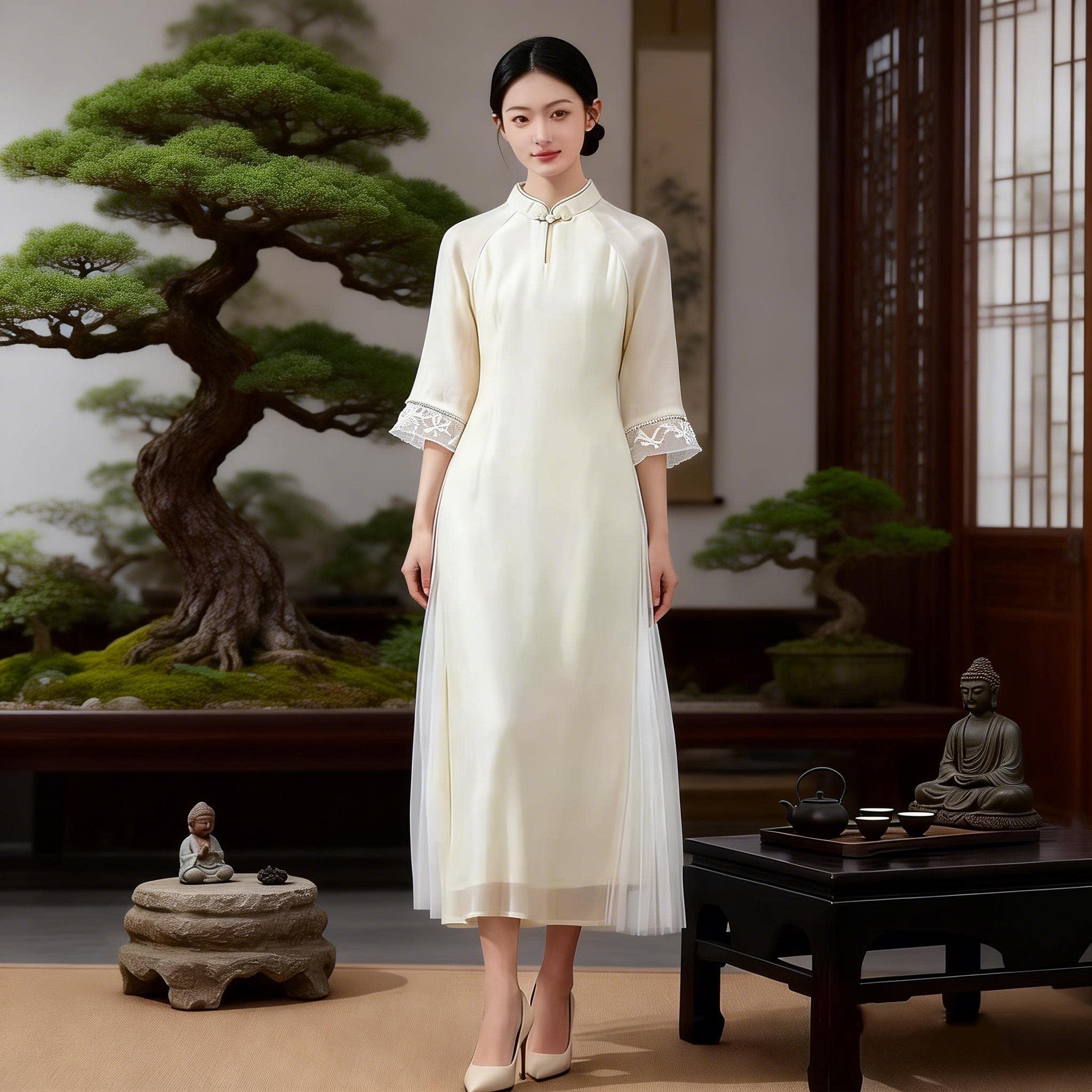 中式茶艺师服饰中国风女装茶服仙气古风汉服水滴领改良奥黛旗袍裙
