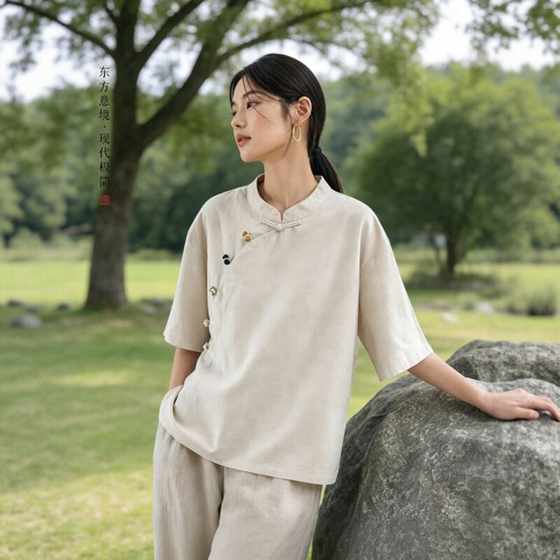 夏季薄款棉麻亚麻上衣女高端新中式国风复古盘扣偏襟衬衫居士服女