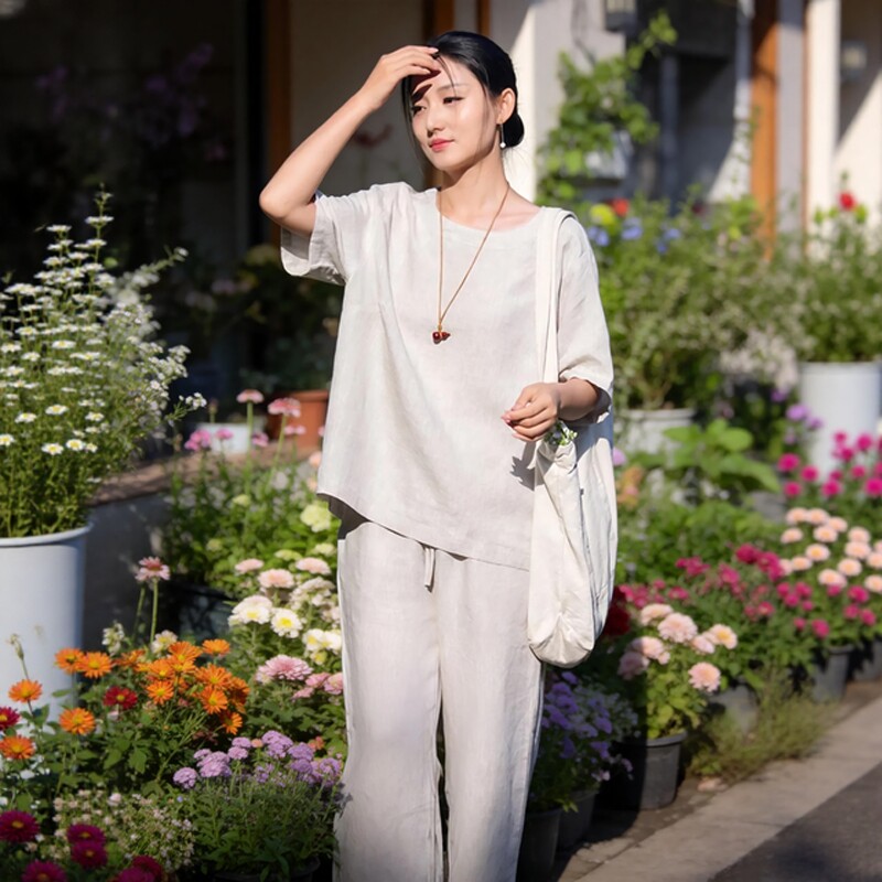 女款简约禅修居士服文艺风汉麻短袖T恤女夏宽松圆领上衣高级禅服
