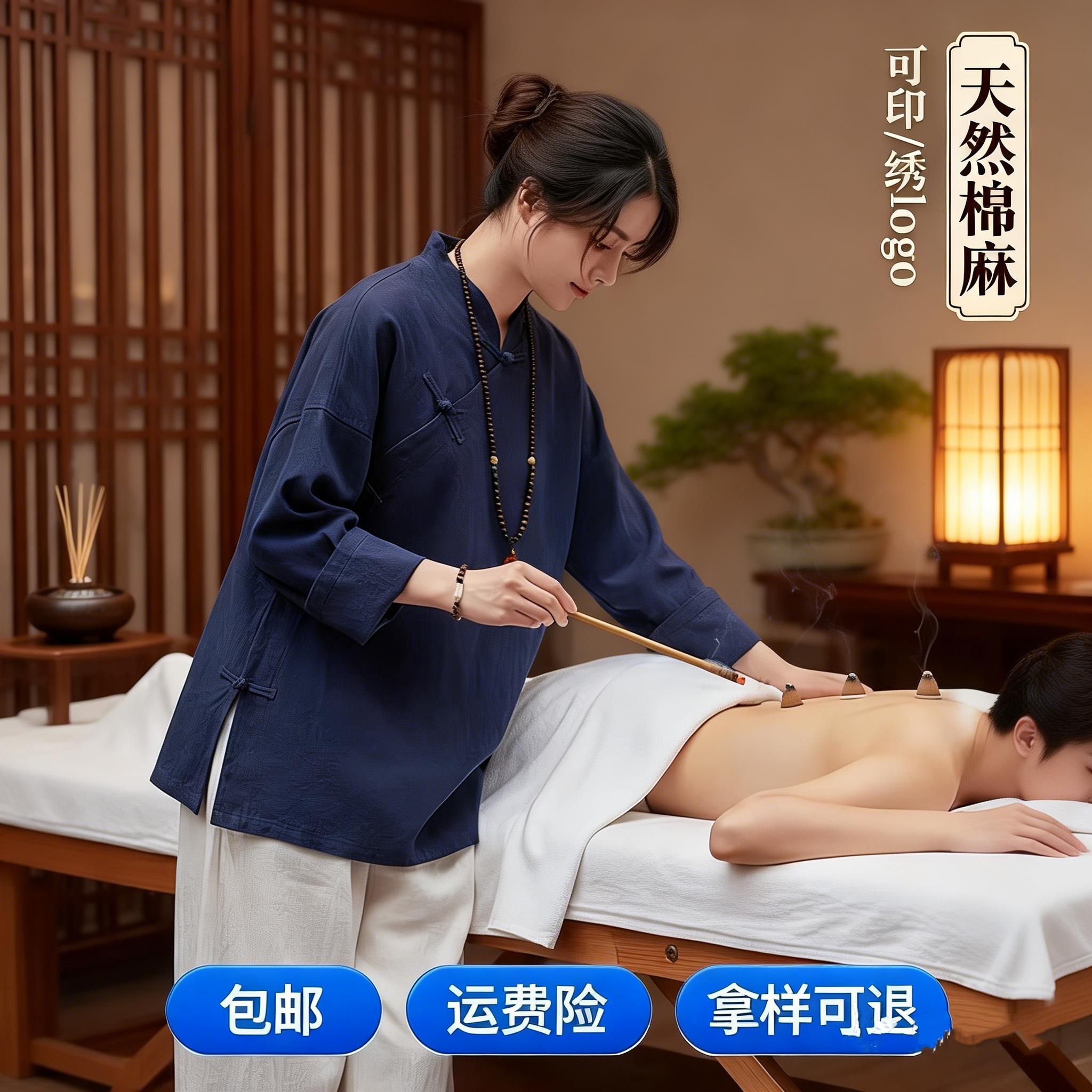 定制中医艾灸馆工作服女棉麻唐装上衣中国风斜襟养生馆推拿技师服