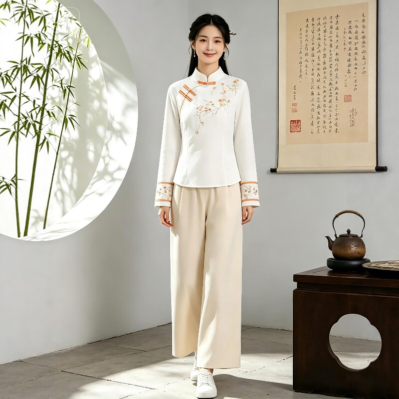 秋冬新国风美容师工作服女新中式斜襟唐装上衣高级养生馆技师工装