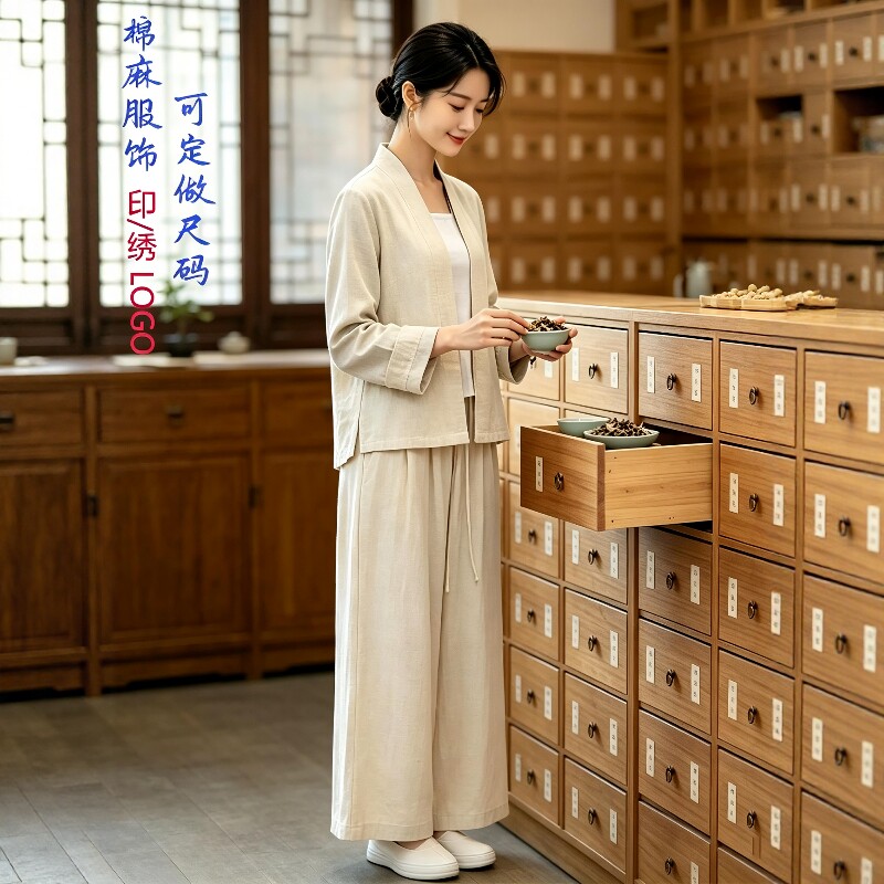 新中式国风棉麻中医养生馆女工作服斜襟系带上衣高级理疗师服套装