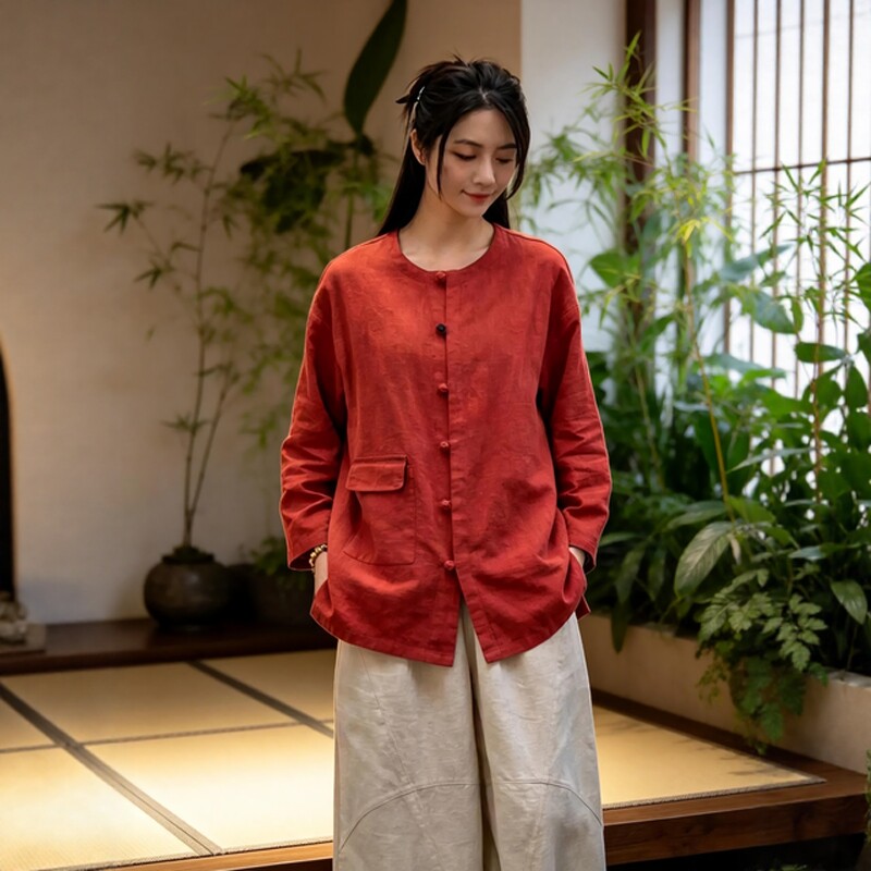中国风禅意佛系女装棉麻套装圆领盘扣长袖宽松上衣居士服禅意茶服