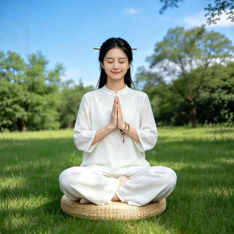 新中式白色仙气禅意居士服女七分袖立领打坐禅修服宽松棉麻上衣女