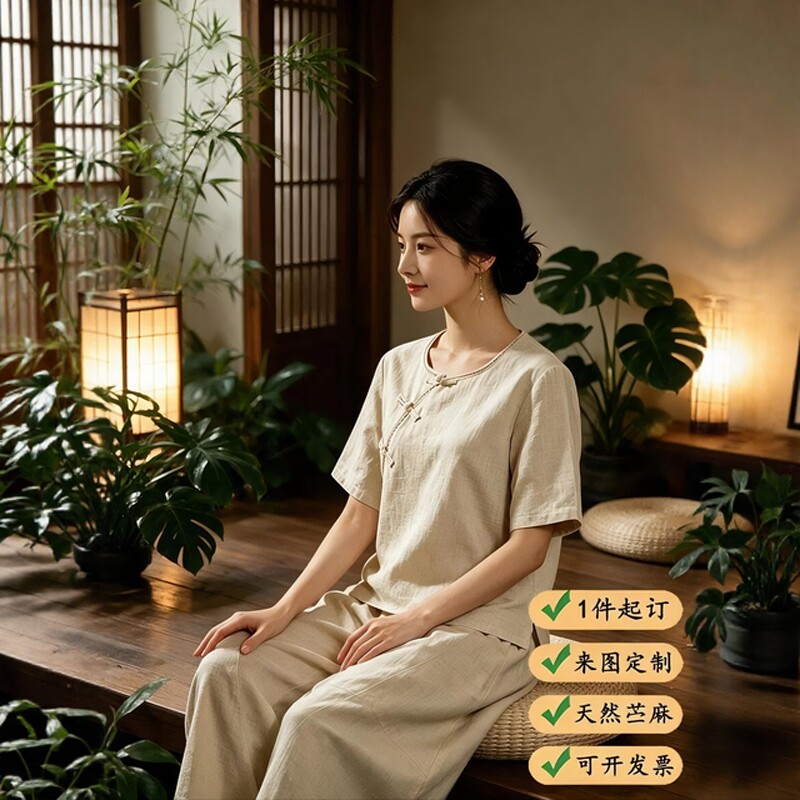 中式国风禅修居士服女款苎麻短袖盘扣上衣禅意佛系女装太极练功服
