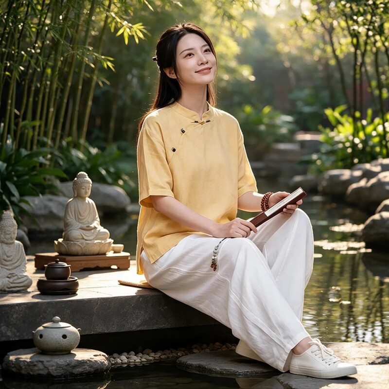 夏季禅修居士服女款天丝麻禅意女装太极服套装中式短袖修行禅服女