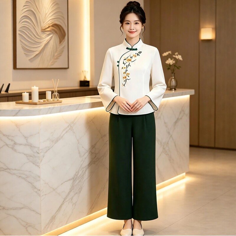 中式国风养生馆美容师工作服改良唐装汉服上衣艾灸推拿技师服套装图片
