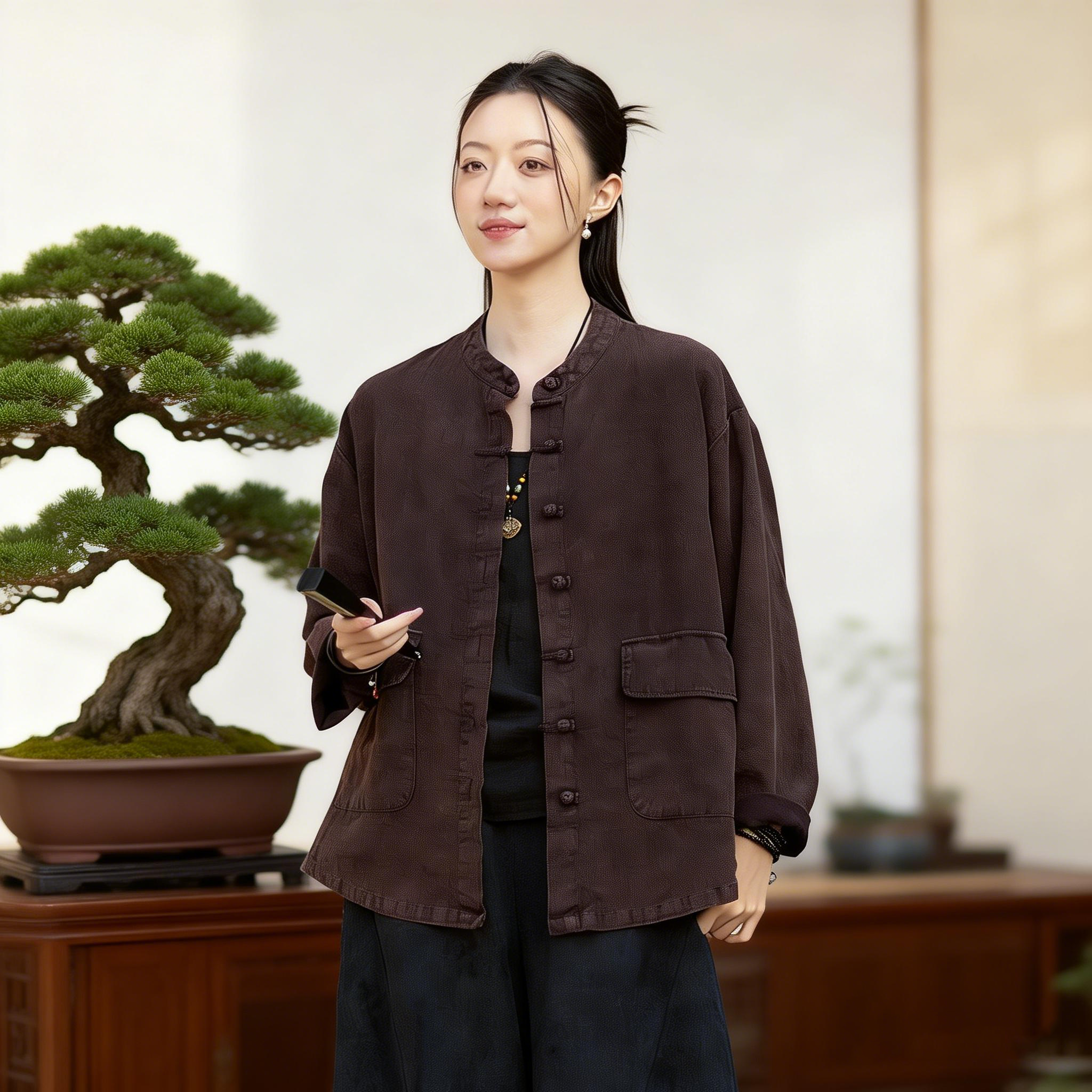 2026春季新款文艺复古立领盘扣砂炒做旧棉麻上衣开衫女士外套
