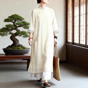 新中式 天丝提花圆领茶服茶艺师工作服连衣裙 国风改良禅意汉服女装