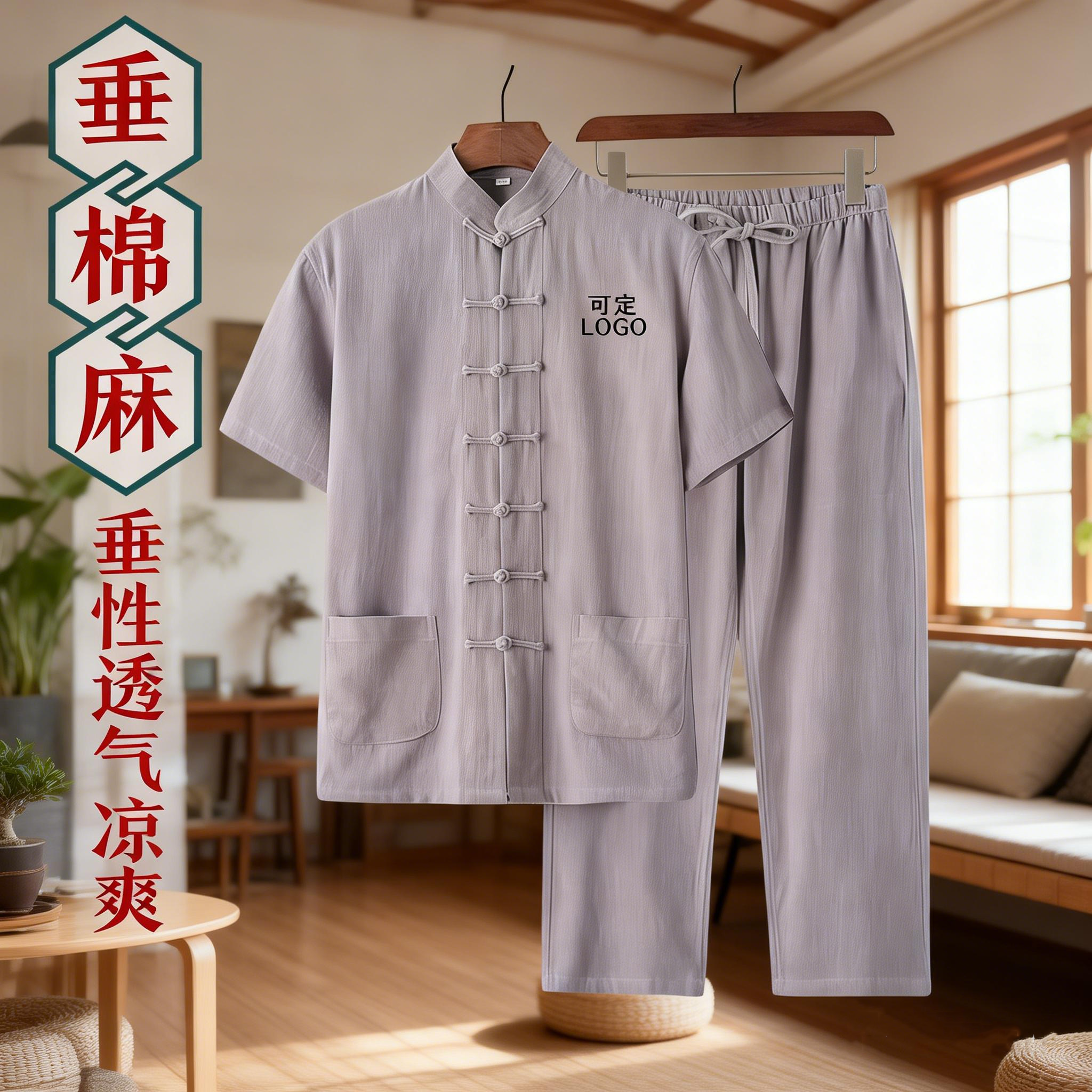 中国风高端中医馆工作服夏季亚麻唐装男士套装养生馆推拿艾灸师服
