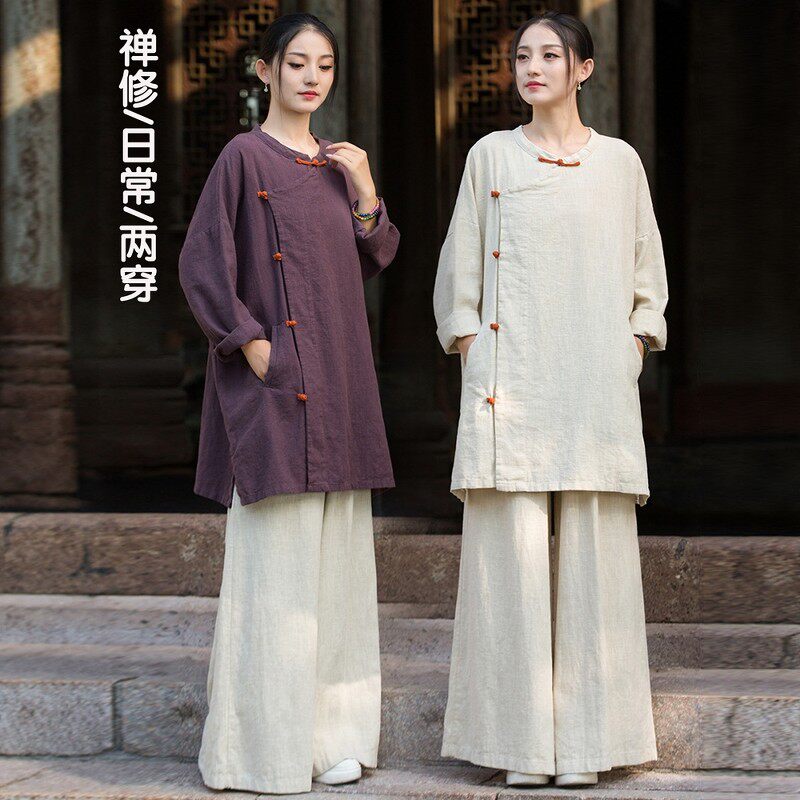 棉麻女装秋季新款禅服禅意佛系斜襟盘扣中长款居士太极练功服套装