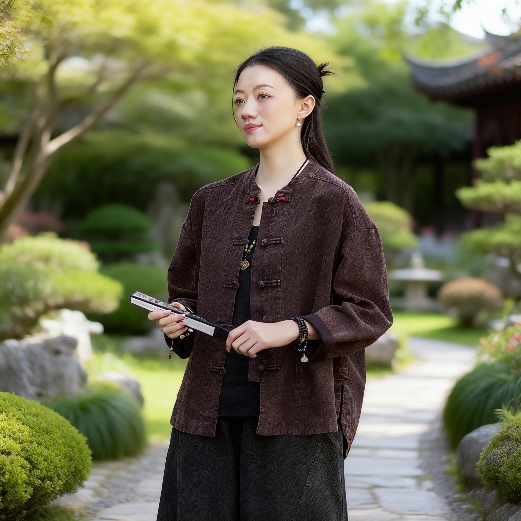 2026新中式国风复古棉麻女长袖开衫外套立领盘扣文艺宽松禅意上衣