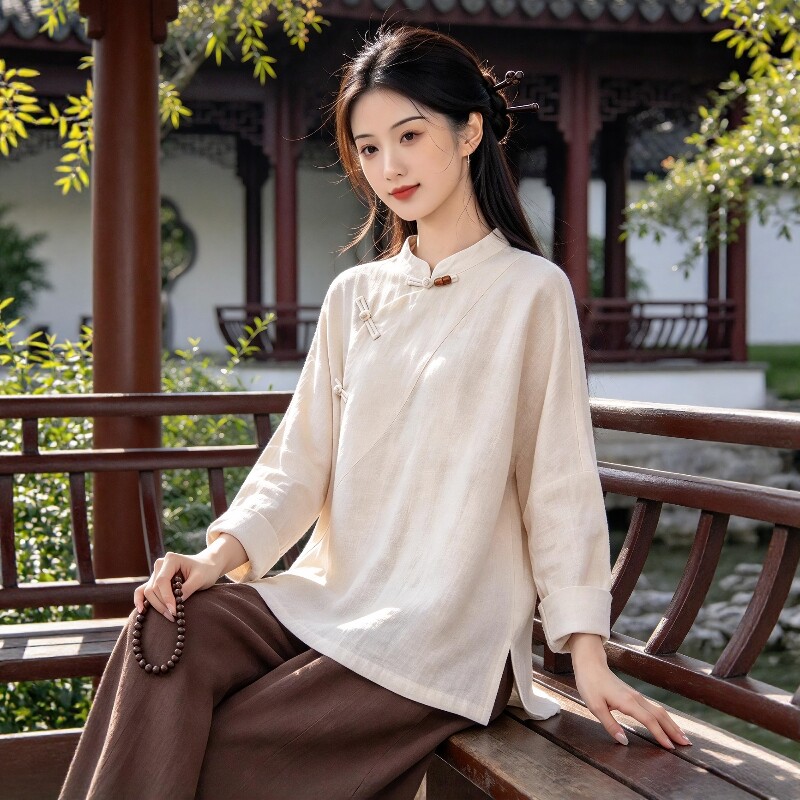 新中式国风禅服女棉麻斜襟上衣复古禅意佛系风茶服禅修居士服女款