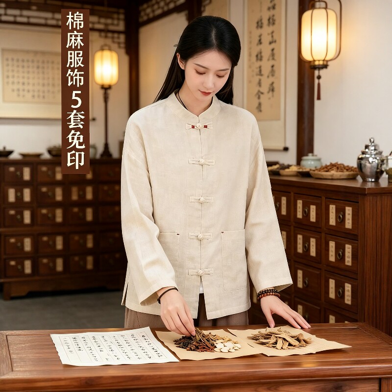 新中式高端中医馆工作服大码女士棉麻衬衫禅意国学药师养生理疗服