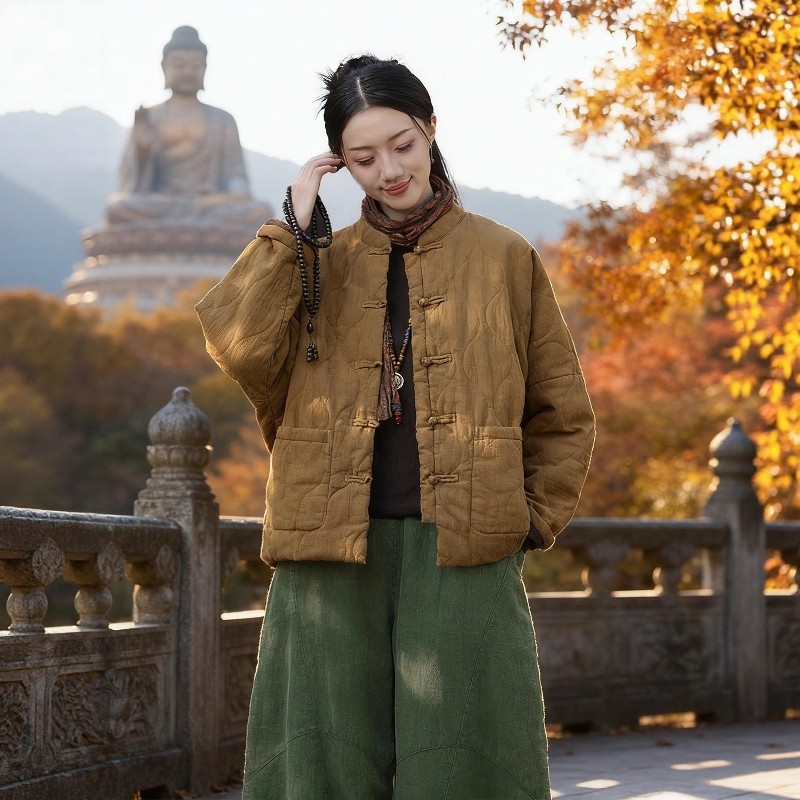 年轻人居士服女款秋冬加厚棉衣棉服禅意佛系棉麻夹棉外套素衣禅服