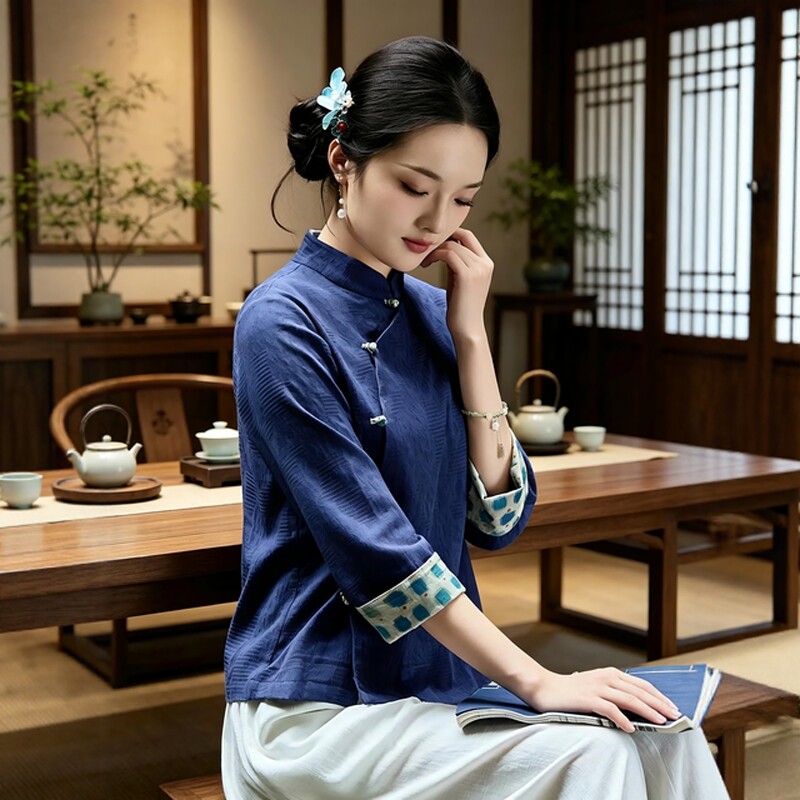 2026新款秋装纯棉新国风新中式上衣唐装女款汉服禅服禅意茶服套装图片