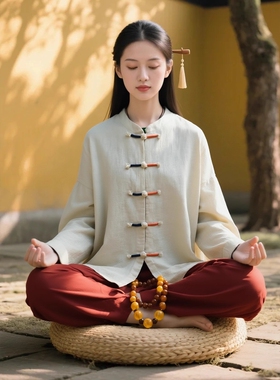 打坐冥想居士服女款中式国风唐装棉麻套装禅意佛系高级禅服女套装