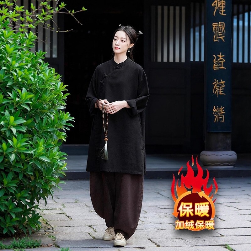 加绒禅服女套装棉麻中长款上衣斜襟盘扣长袍禅意佛系女装居士服