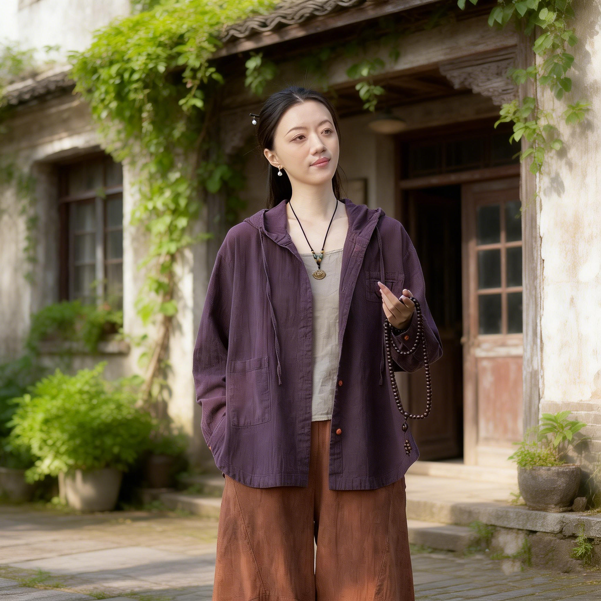 2026春季新款防嗮宽松休闲连帽撞色盘扣衬衫上衣女砂洗棉麻外套