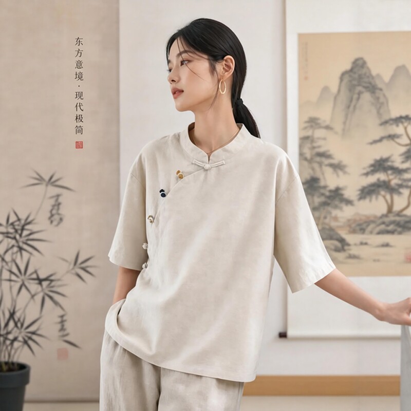 新中式国风棉麻亚麻上衣女高端复古盘扣偏襟衬衫夏季薄款居士服女