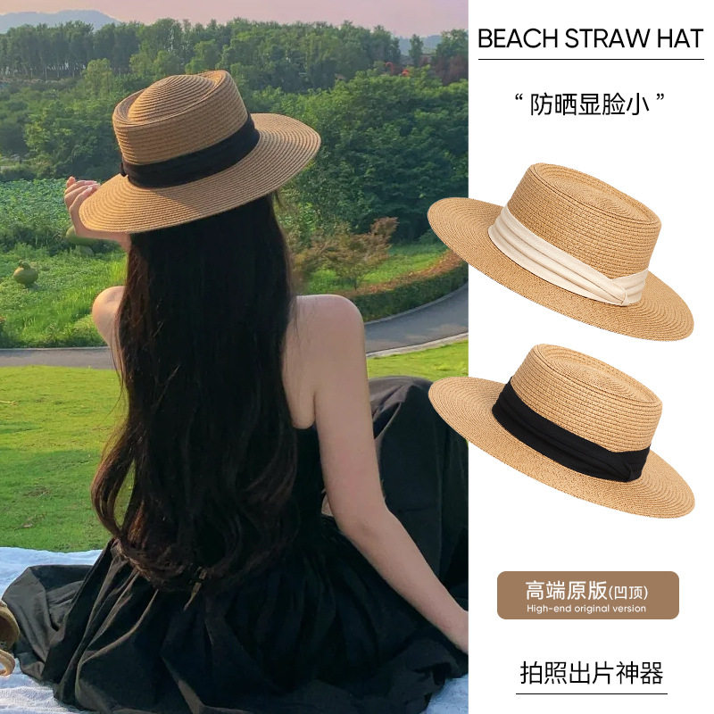 赫本风新款法式平顶草帽女款夏季海边度假大檐编织防晒帽子沙滩