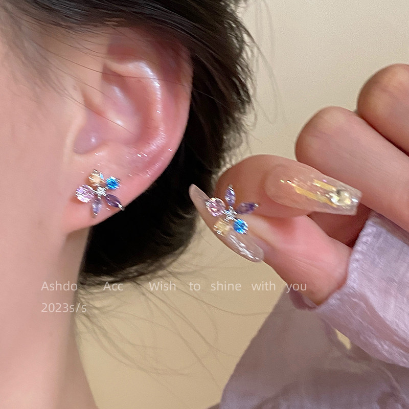 超仙缤纷五彩小花锆石耳钉女925银针ins风花朵感小众设计耳环耳饰