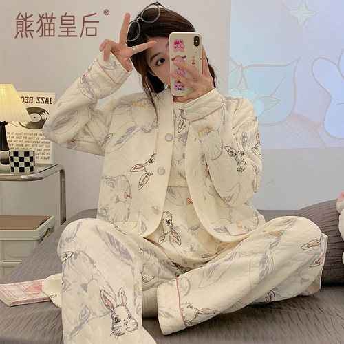 熊猫皇后月子服三件套秋冬季产后纯棉11月份产妇哺乳孕妇睡衣加厚