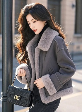 秋冬季新款灰色防寒保暖皮毛一体外套韩版时尚洋气减龄拼接棉服潮