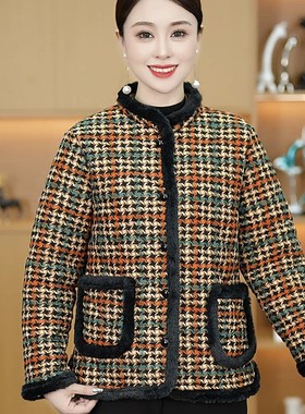 冬季新款格子棉衣女宽松立领加绒加厚保暖短款棉服中老年妈妈装