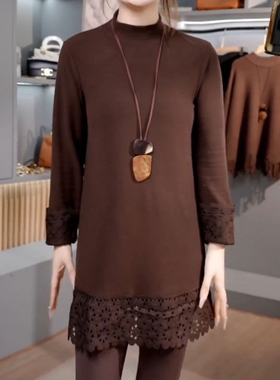 冬季新款妈妈装加绒加厚中长款蕾丝拼接长袖宽松百搭打底衫上衣