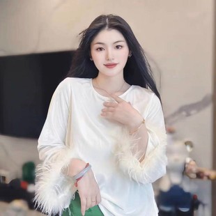 毛毛圈袖口长袖打底衫T恤女秋冬修身显瘦减龄显瘦大码内搭上衣潮