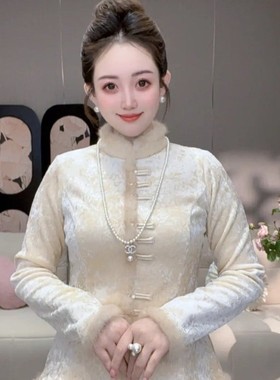 冬季新款新中式风妈妈立领修身加绒加厚棉衣女盘扣收腰保暖棉服