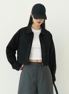 SIMPLY PUT棉锦布黑色宽松木耳边防风短款飞行员夹克外套女